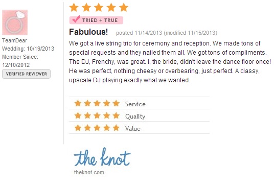 5 Star Review on The Knot.com for our Rock & Pop Strings and DJ Frenchy
